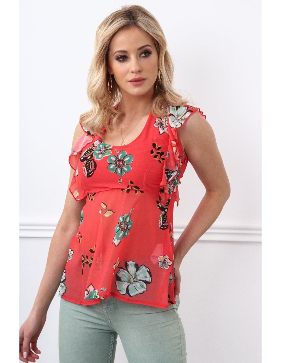 Coral floral blouse for everyday use MP28633 - Online store - Boutique